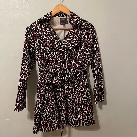 Leopard Animal Print Trenchcoat Rain Jacket Black Pink Small - Picture 3 of 12